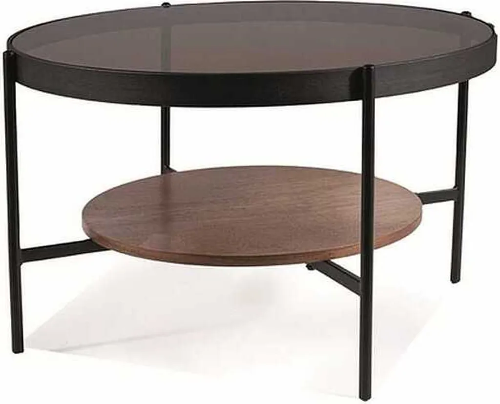 Table basse TALLIS ronde en noyer véritable et finition ambre 80cm