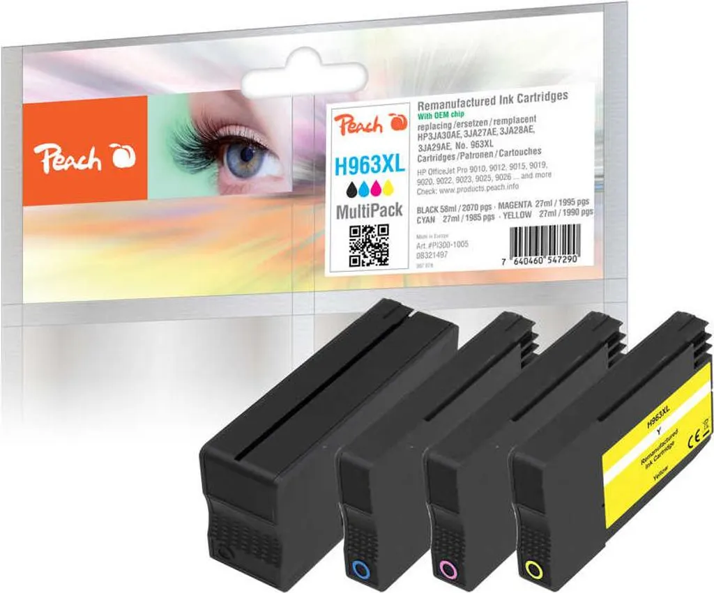 Pack 4 cartouches Peach compatibles HP 963XL - Noir et Couleurs - Haute Capacité