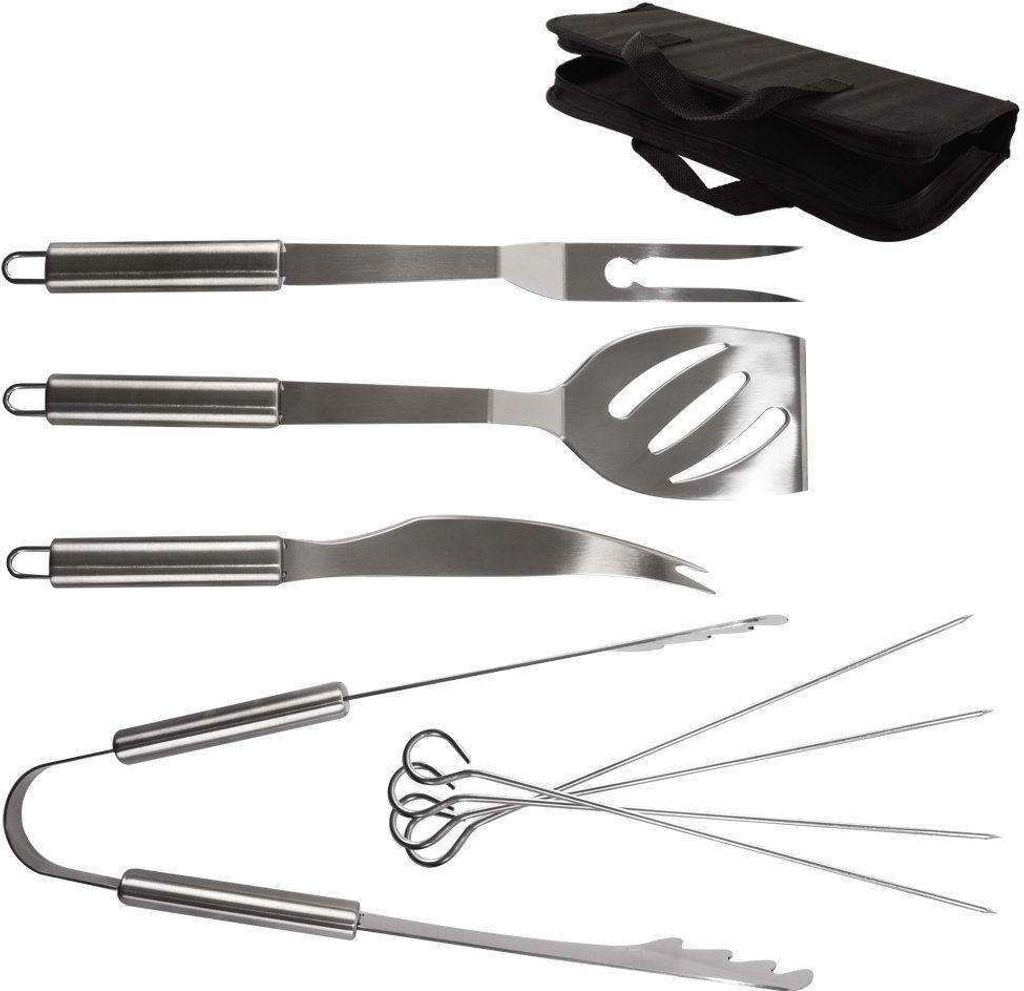 ORION Grillbesteck Grillset 8-teilig Grillzange, Grillwender, Fleischgabel, Grillspachtel + Doppelspieße 4 Stück | mit langen griffen Aufhänge-...