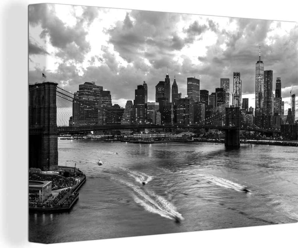 OneMillionCanvasses - Leinwandbilder - 150x100 cm, New York - Brooklyn - Brücke - Schwarz - Weiß, Wandbilder Kunstdruck Wanddekoration