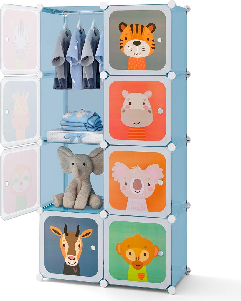 COSTWAY Kinder Kleiderschrank, Regalsystem mit 8 Würfeln, Kinderregal erweiterbar, Aufbewahrungsschrank aus Kunststoff mit Türen & Aufhänger, Blau