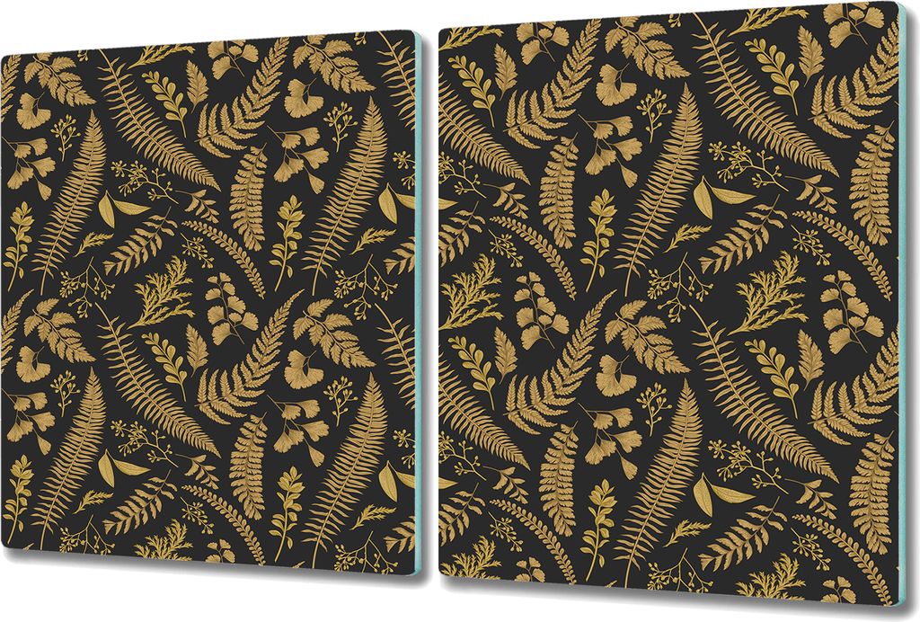 Herd-Abdeckplatte Glas Schneidebrett Ceranfeld-Abdeckung - 2x 40x52 cm - Goldfarne blätter