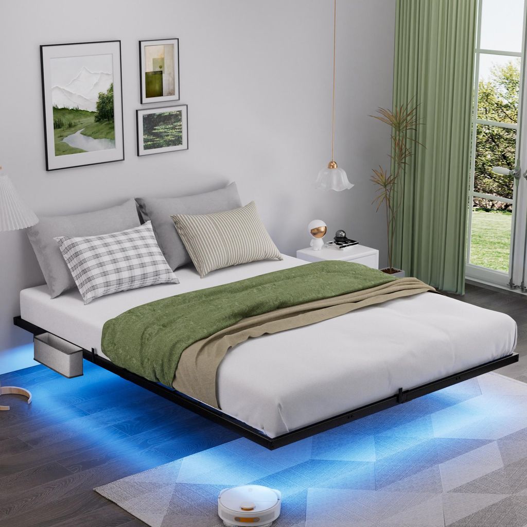 MODFU Schwebebett ohne Matratze 140x200 Jugendbett Bettgestell mit Intelligente LED-Lichtleiste,Metallbett Kinderbett mit Ladestation und Aufbewahr...