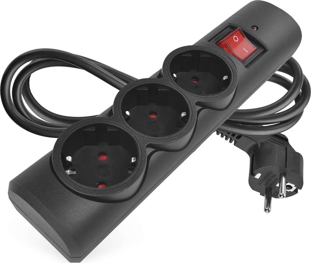 EMOS Überspannungsschutz-Steckdosenleiste mit LED-Anzeige, 3fach, 1,5m Kabel, Steckdosen 45° gedreht, Schalter, 2300W/10A, für Innen, schwarz, P...