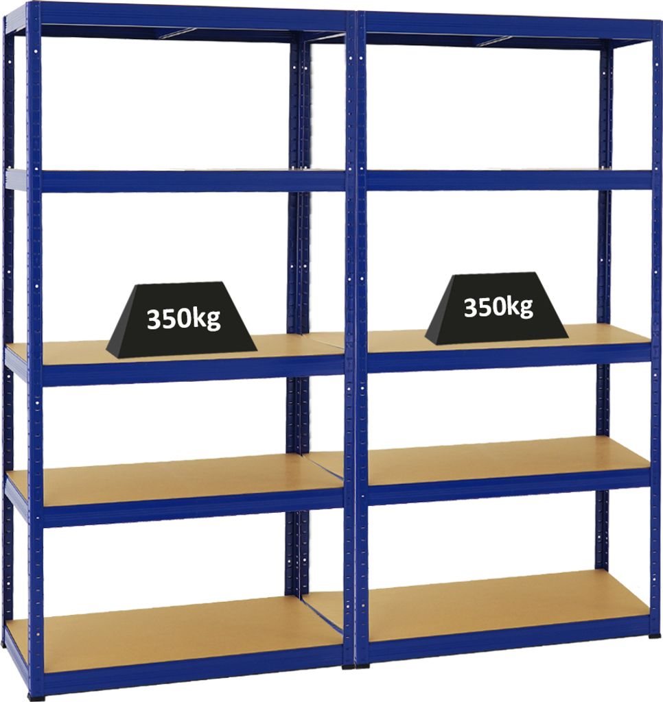 Mega Deal | 2x Schwerlastregal Slim Elephant S | HxBxT 180x90x45 cm | 5 Ebenen | Fachlast 350 kg | Blau