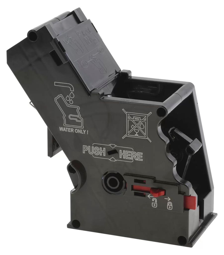 A black plastic component, likely a part of a coffee machine, is shown against a white background.