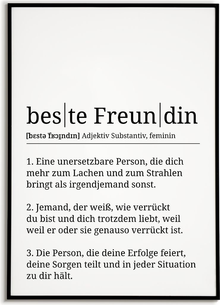 Beste Freundin Poster Definition - Besties Freundinnen Geschenk Wandbild – A4 (21x29.7cm) / schwarzer Bilderahmen