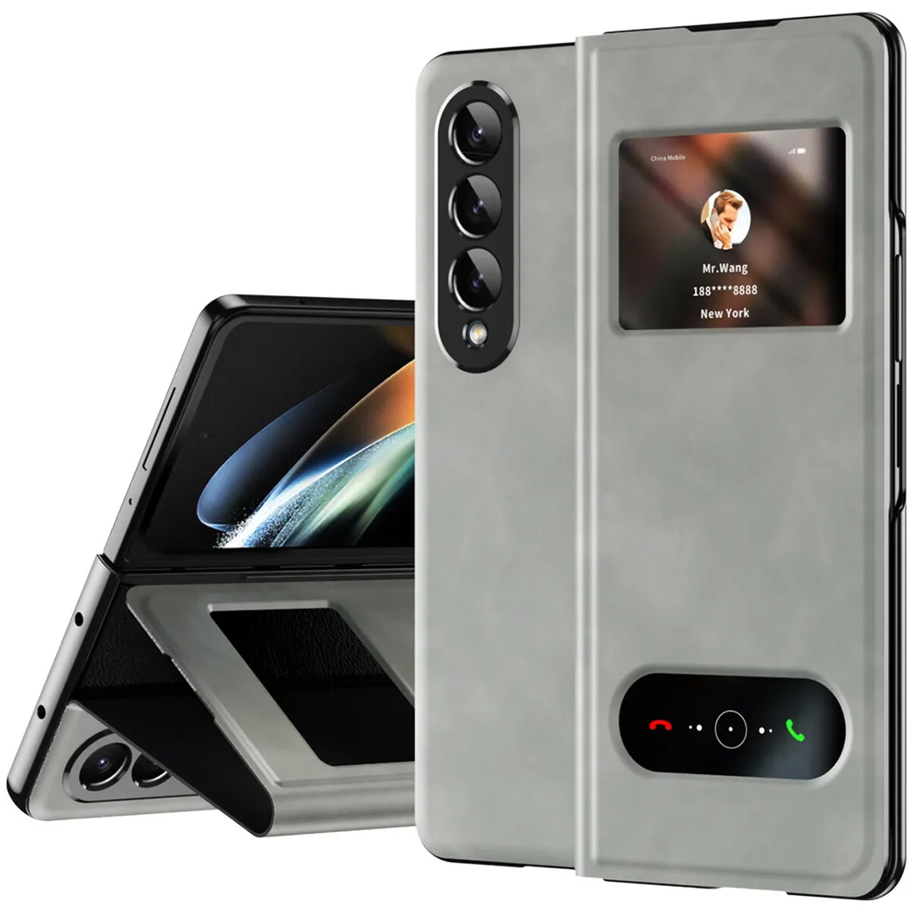 Custodia sottile in pelle flip per Samsung Galaxy Z Fold 3 5G, con finestra di visualizzazione e funzione stand Grigio