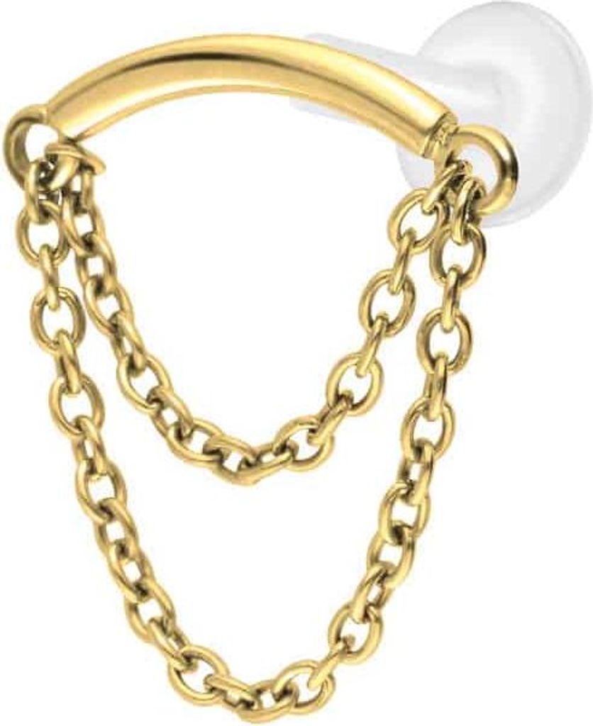 Ohrpiercing, Nasenpiercing PTFE Labret mit Innengewinde + Titan-Aufsatz BOGEN + 2 KETTEN Gold Stablänge: 6mm | Stabstärke: 1,6mm