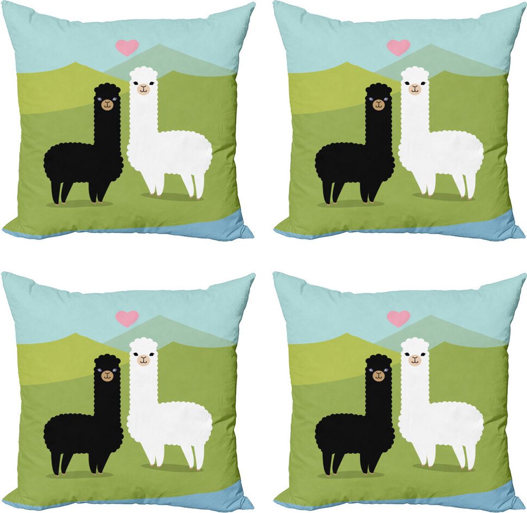 ABAKUHAUS Lama Kissenbezug Set (4 Stück), Tiere in Love on Hill, Moderner Doppelseitiger Digitaldruck, 60 cm x 60 cm, Mehrfarbig