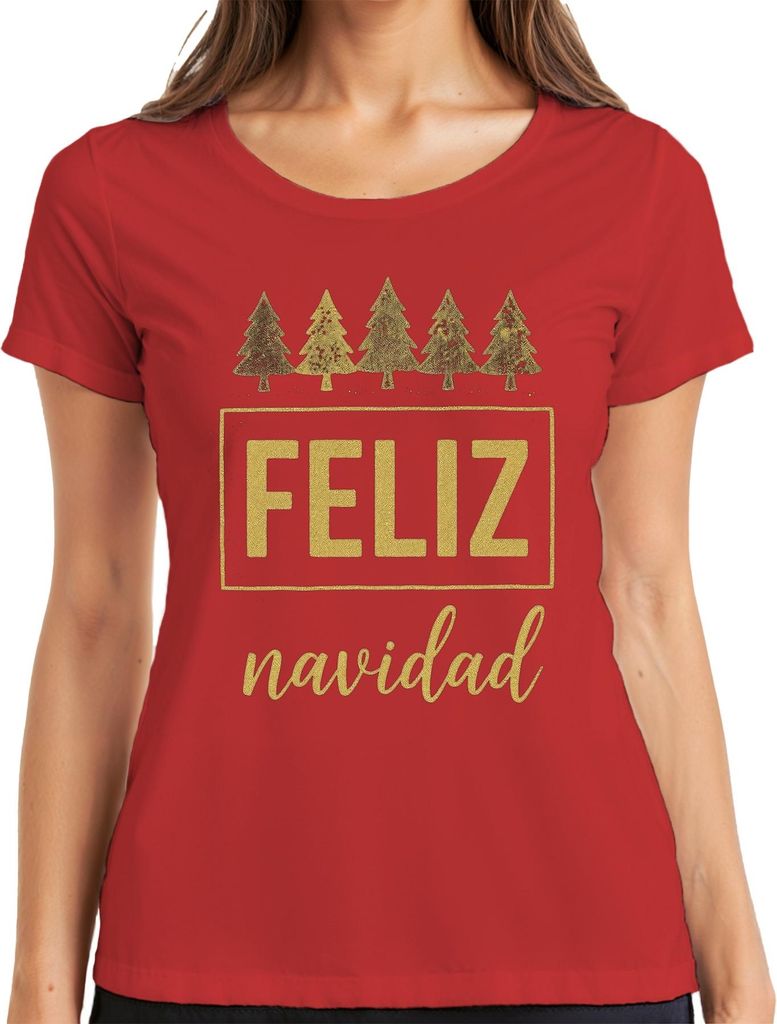 FELIZ navidad Weihnachten Weihnachtsbaum Gold Glitzer Geschenk Damen T-Shirt, Rot, L