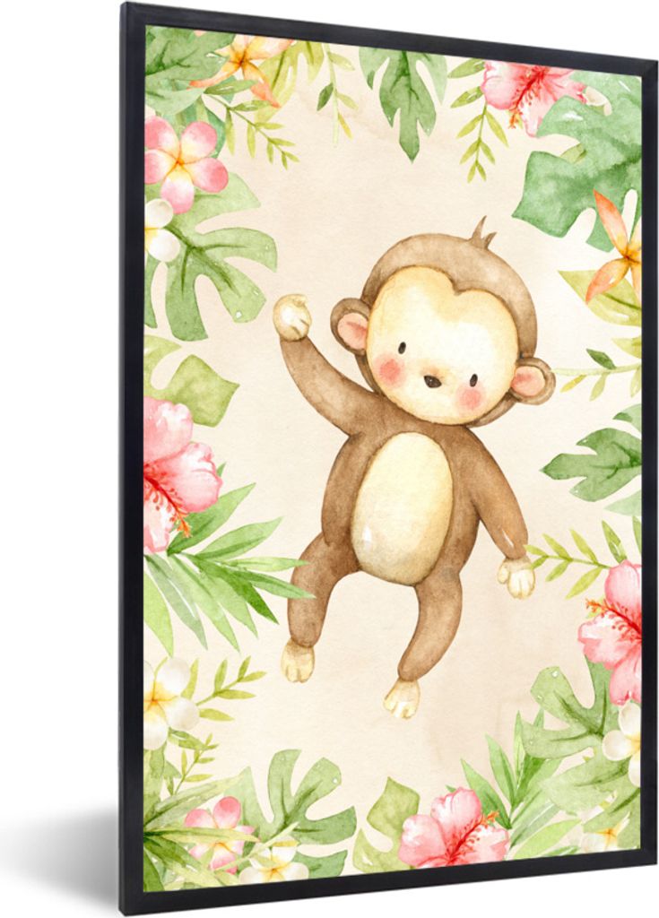 MuchoWow MuchoWow Gerahmtes Poster Affe - Blumen - Pflanzen - Dschungel 20x30 cm - Poster mit zchwarzem Bilderrahmen - Drucken - Bilder Poster ...