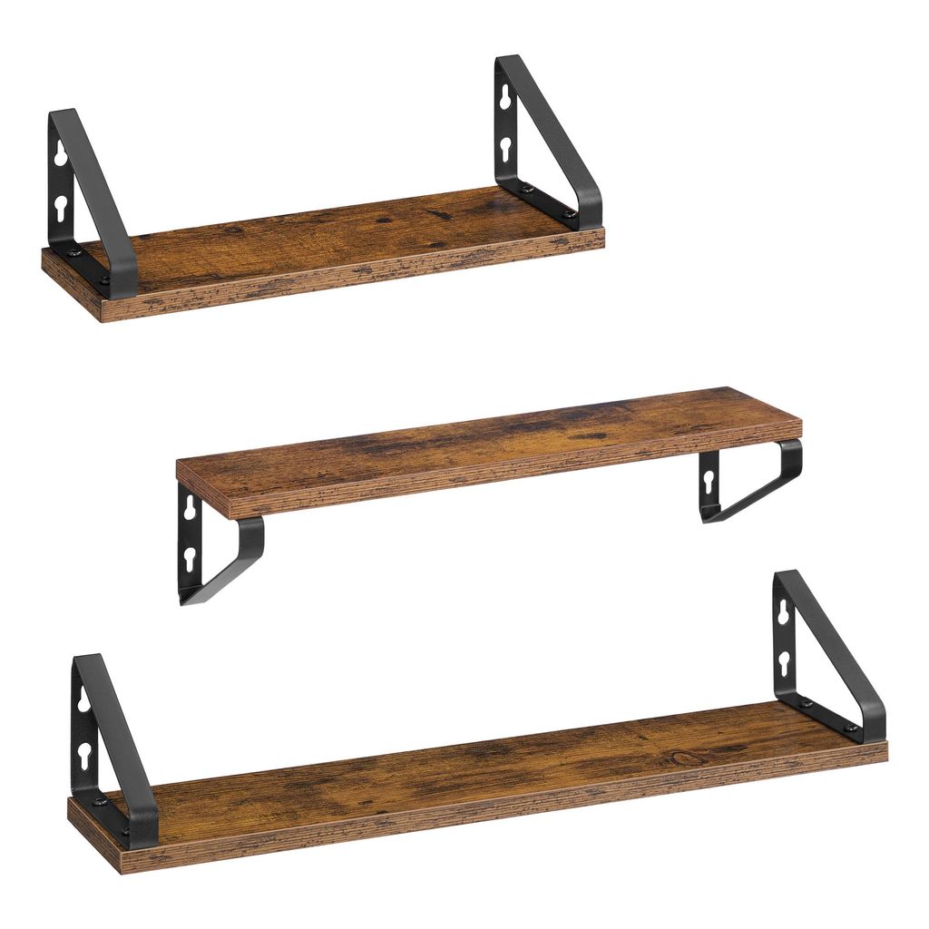 Three wooden shelves with black metal brackets, displayed against a white background.