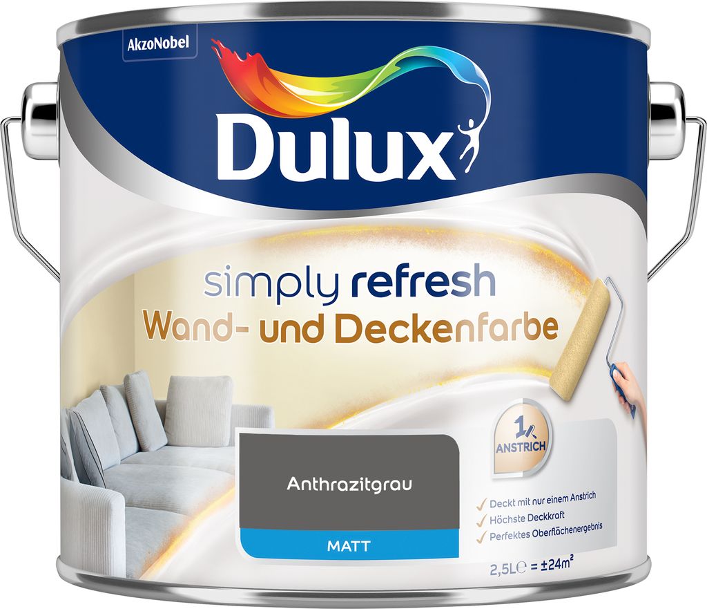 Dulux Simply Refresh Wand und Deckenfarbe - Anthrazitgrau - 2,5 l - Erfrischende, langlebige Innenfarbe für ein schönes Zuhause