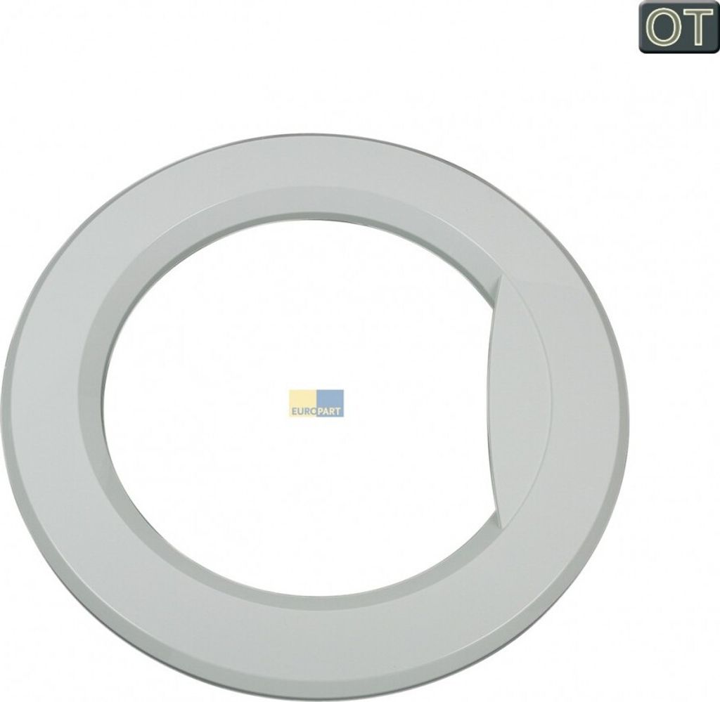 A white background with a light gray circular object, possibly a washing machine door frame.