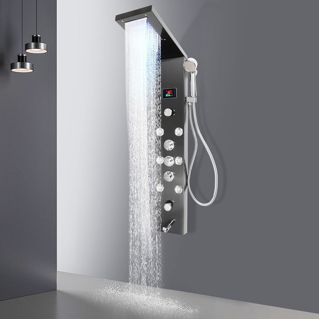 Edelstahl Duschkopf Duschpaneel Duschsäule Massage Regendusche Duscharmatur Kopf mit 8 Massagedüsen HandbrauseTemperaturanzeige Schwarz