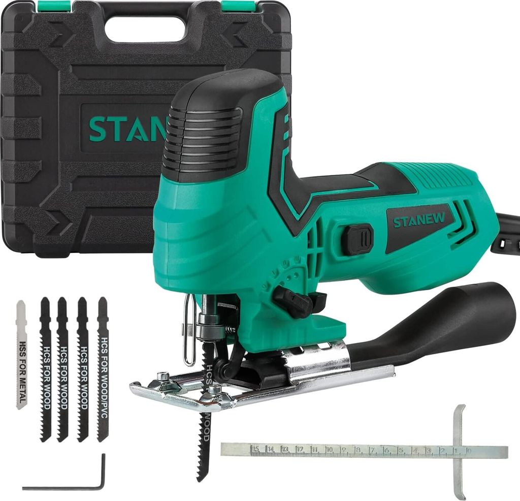 STANEW Stichsäge 650 Watt,5 x Stichsägeblatt, 3000 U/min, Elektro-Stichsäge, Neigungswinkel ±45°, 6 einstellbare Geschwindigkeiten, Werkzeug...