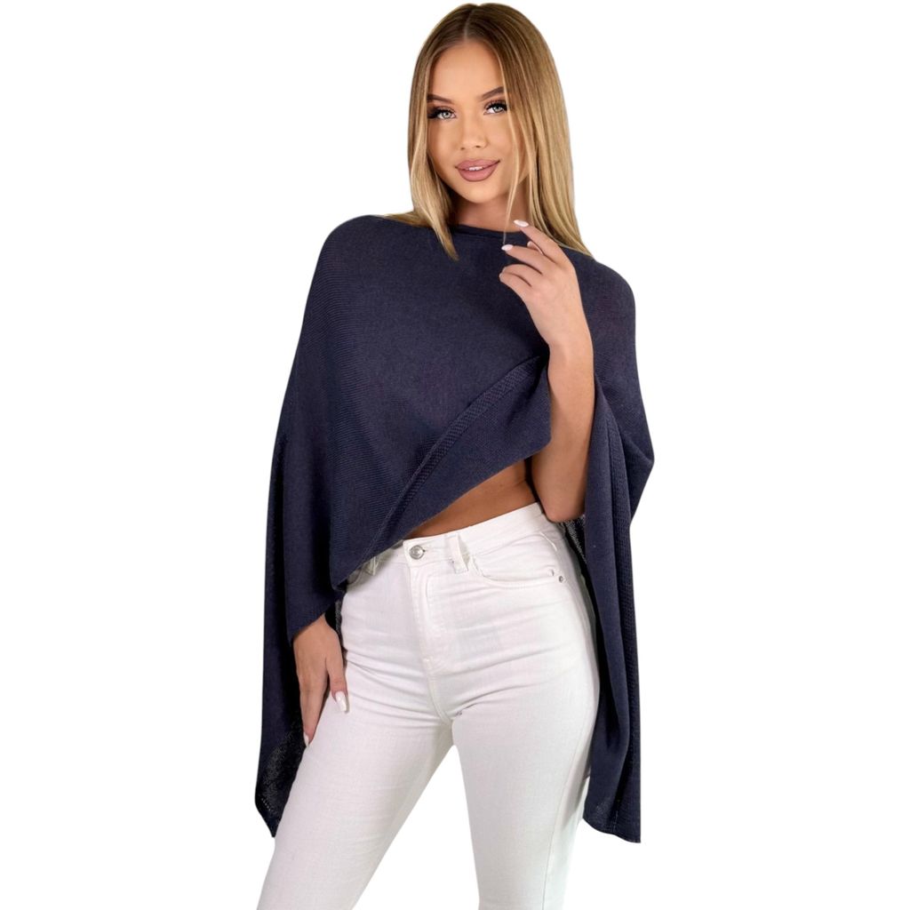 221 Mississhop Damen Poncho Cape Überwurf Strickjacke feiner weicher Strick Pullover Herbst Winter One Size Dunkelblau
