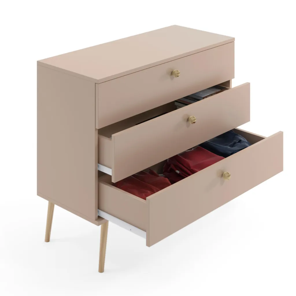 Commode de Rangement Boho 100 cm NATURA 3 Tiroirs Beige Macchiato - 3
