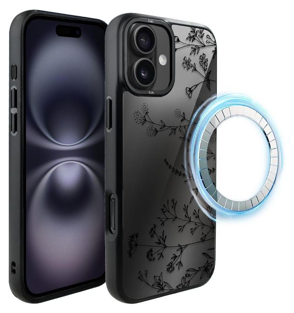 Schutzhülle für das iPhone 16, MagSafe-kompatibel, mattschwarze Seiten, kleine Blumen