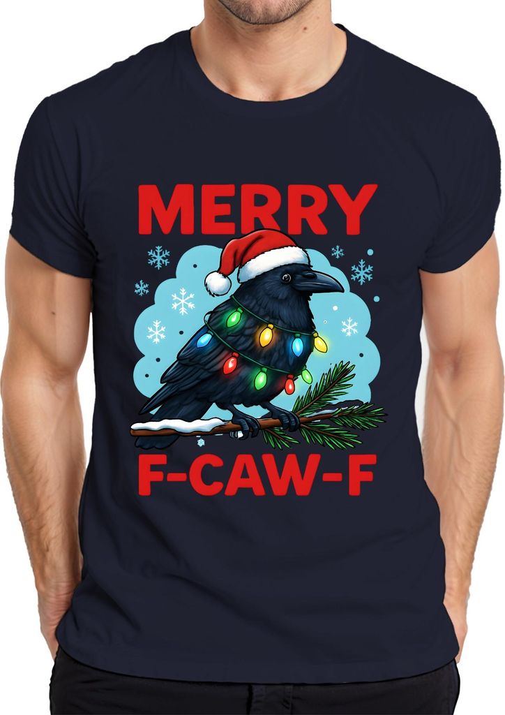 MERRY F-CAW-F Rabe Krähe Lichterkette Weihnachten Spruch lustig Herren T-Shirt, Navy, XXL