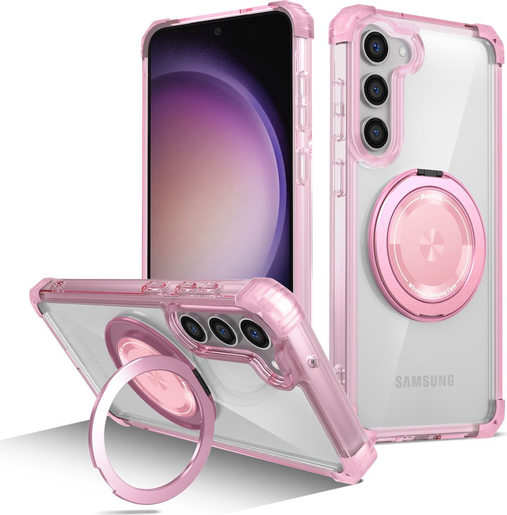 Handyhülle für Samsung Galaxy S23 Magnetisches Ringhalter Ständer Kompatibel mit Magsafe Militärschutz Transparente Hülle Pink