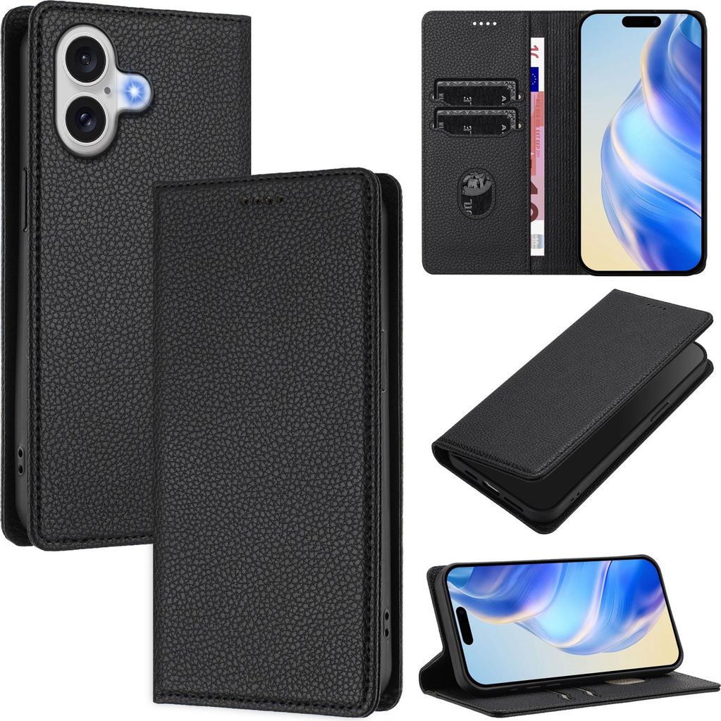 Litchi Leder Handyhülle für iPhone 17 Wallet Kartenfächer Standfunktion Hülle Schwarz