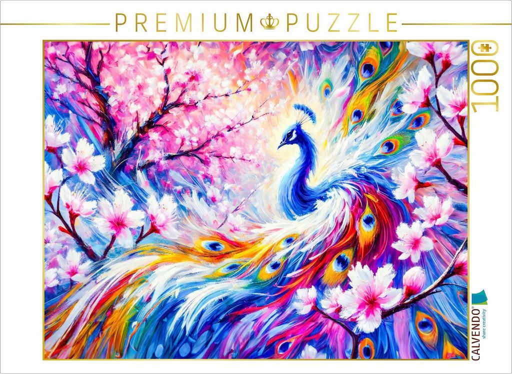 CALVENDO Puzzle Abstrakter Pfau mit Pfirsichbaum in farbenfroher Ölmalerei | 1000 Teile Lege-Größe 64x48cm Foto-Puzzle für glückliche Stunden