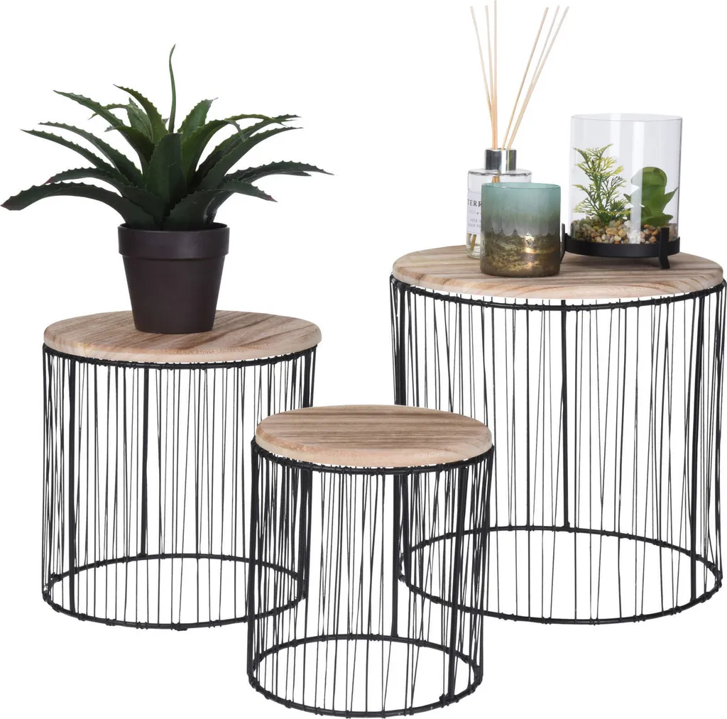 Progard Blanes Lite Set 3 Tavolini Metallo e Legno Nero Marrone 29x28 cm