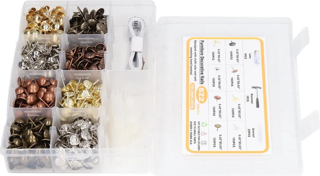 Kit rénovation fauteuil : clous tapissier avec marteau et guide pose