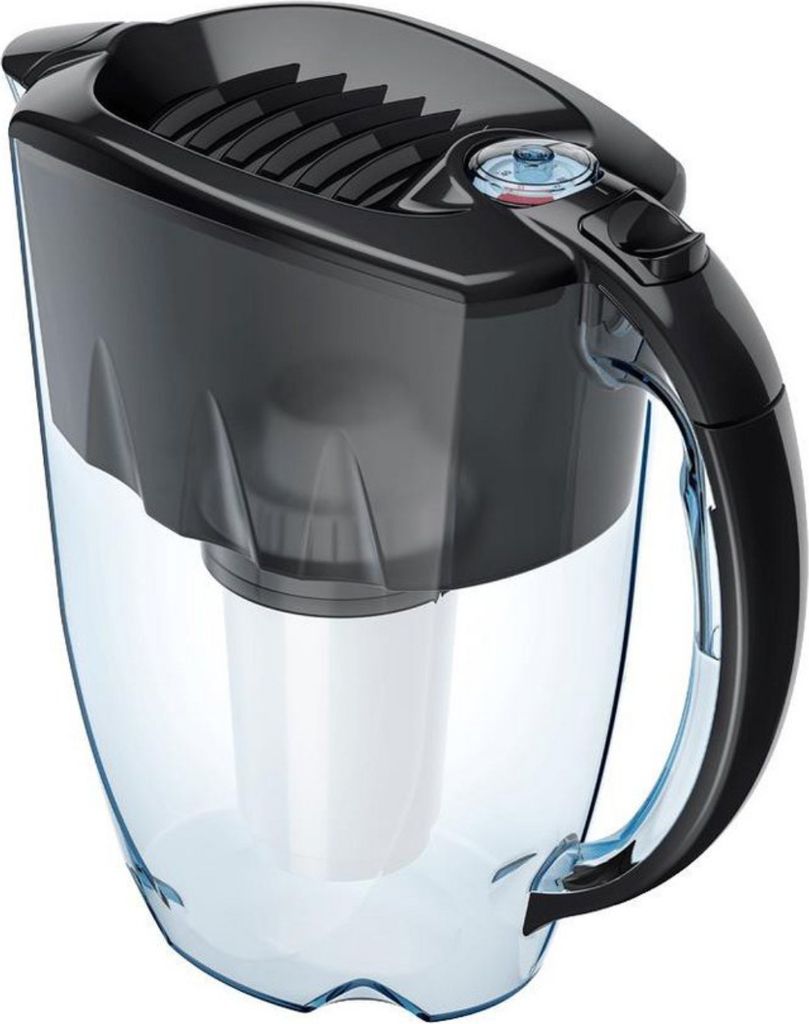 A black and transparent water filter pitcher with a white filter cartridge inside, shown from a three-quarter angle against a white background.
