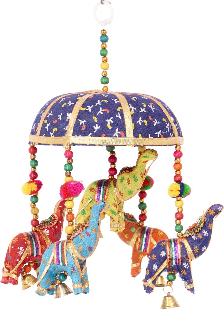 Original Indisches Elefanten Mobile mit Glöckchen - Dunkelblau, Mehrfarbig, Baumwolle,Holz,Metall,Plastik, Traumfänger, Mobiles
