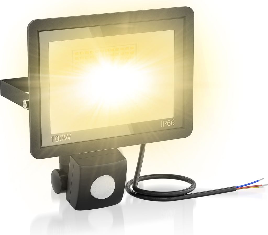 A black LED floodlight with a motion sensor is shown against a white background.