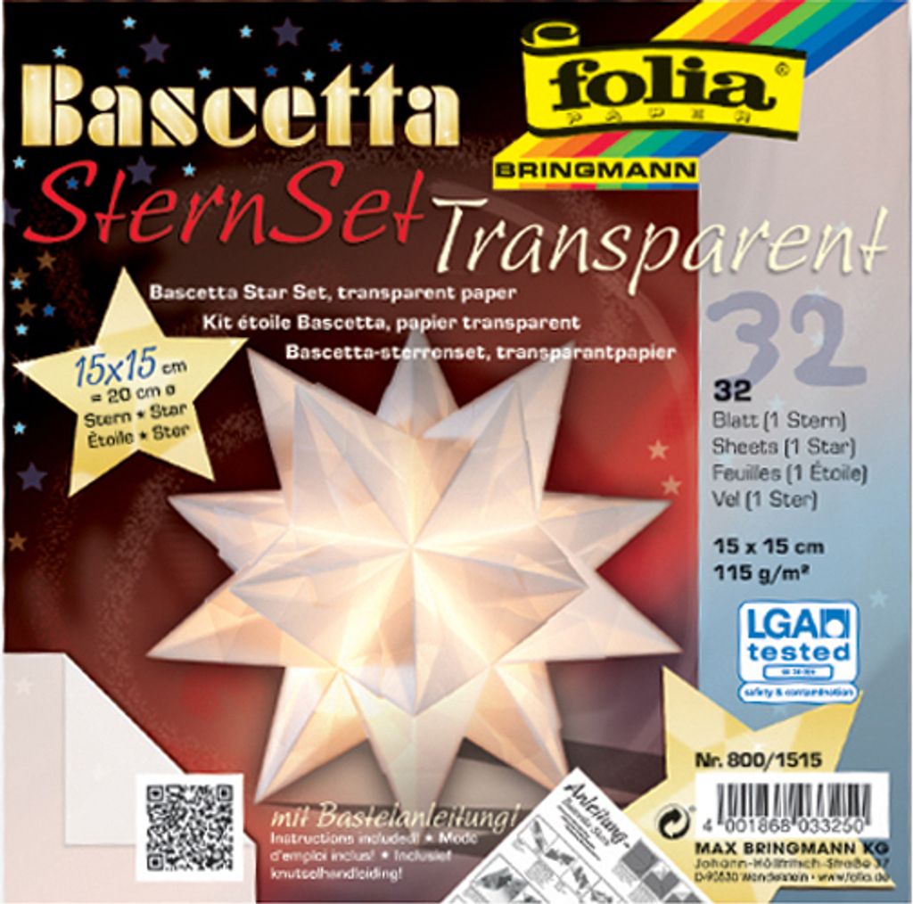 The image shows the packaging for a Bascetta Star Set, transparent paper, with a folded paper star prominently displayed.