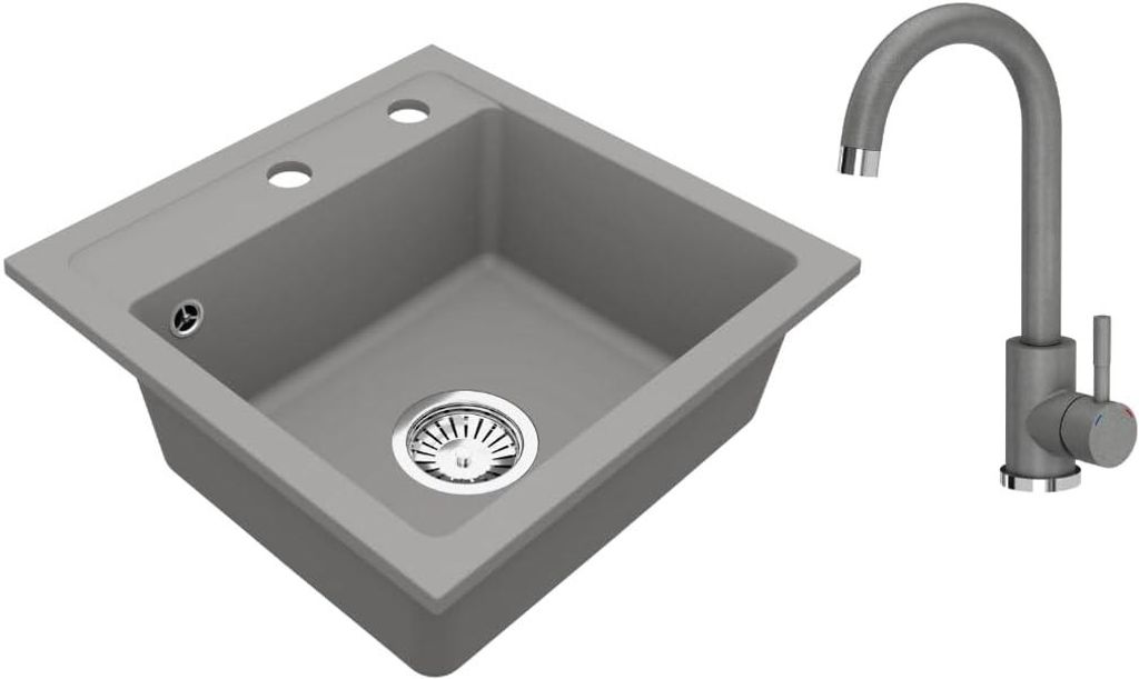 VBChome Granitspüle 44 x 44 cm Grau mit Armatur Einzelbecken Einbauspüle Gesprenkelt Pflegeleichtes Spülbecken mit Siphon Ideal für kleine Küchen