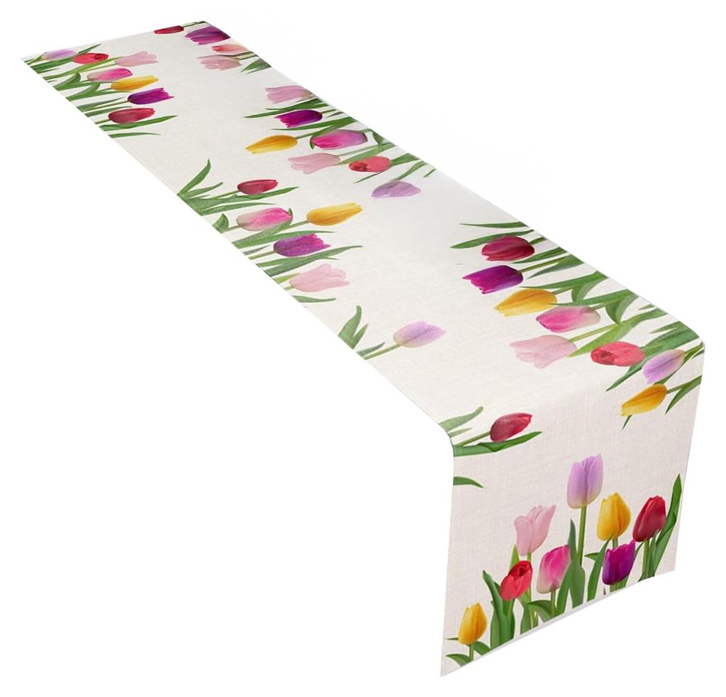 Tulpen-Tischläufer, Frühlings- und Sommer-Tischdecke aus Leinen mit blühenden Blumen, Tischschutz für Esstisch, Landhausstil, Picknickparty