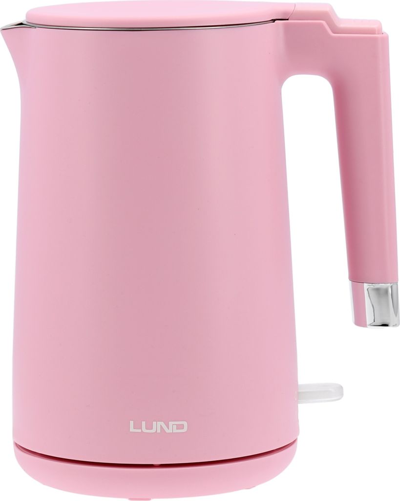 A pink electric kettle with a silver handle accent and base, shown against a white background.