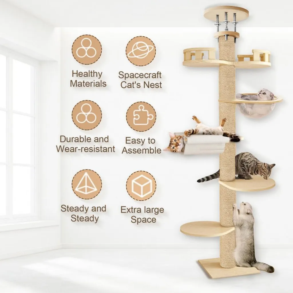 Arbre à chats 6 étages avec kit de fixation plafond et hauteur variable - 2