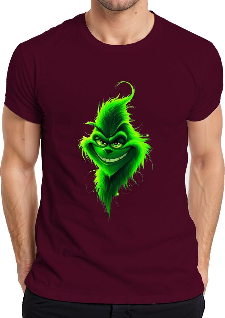 Grinch grinsendes Gesicht Weihnachten grün frech düster Herren T-Shirt, Burgundy, S