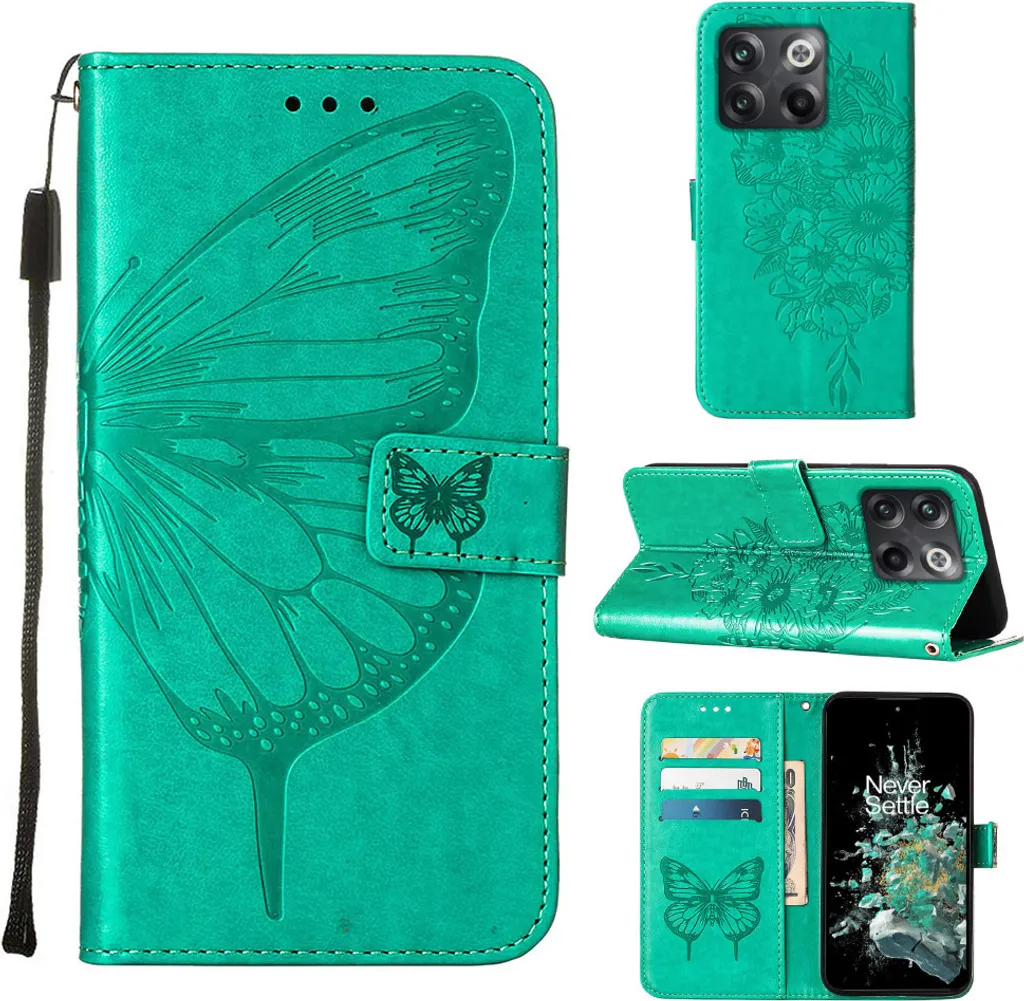 Custodia di Lusso OnePlus 10T 5G Verde: Pelle con Farfalla in Rilievo