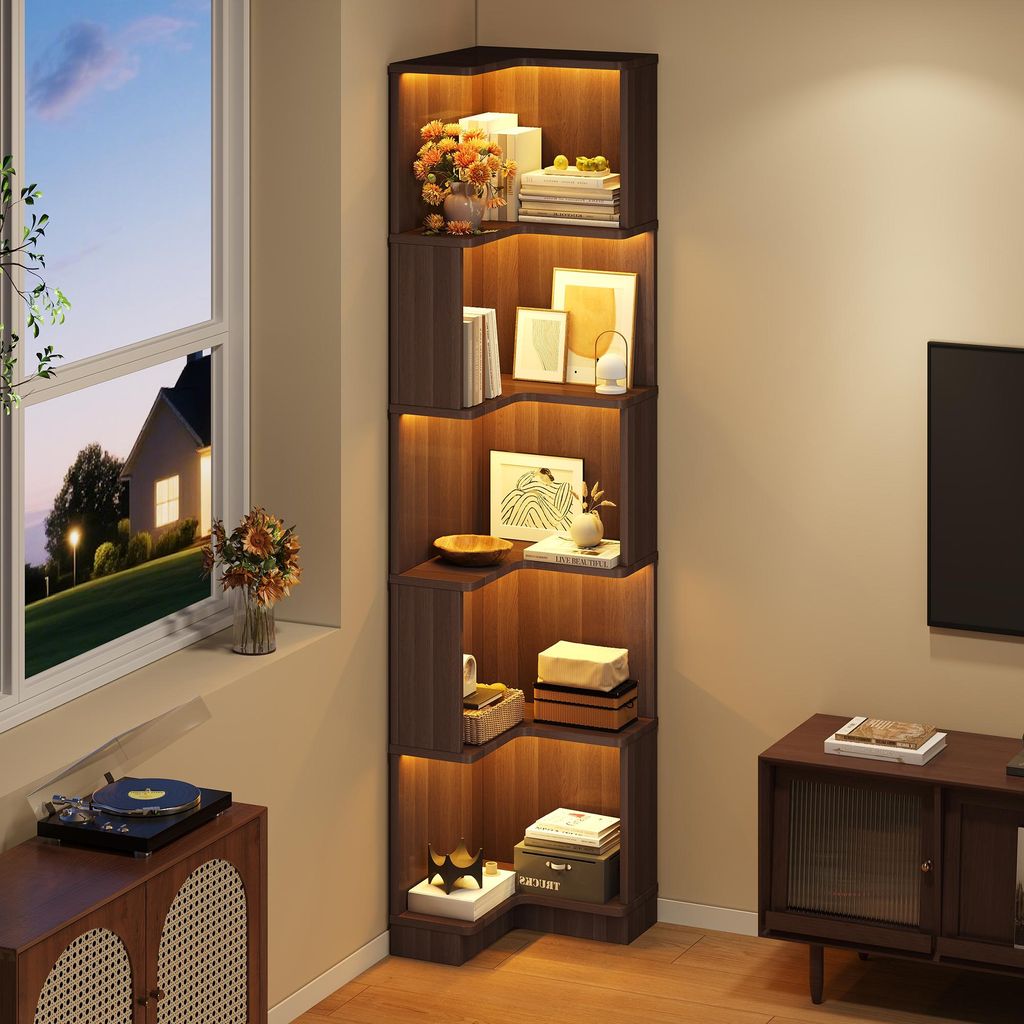 Flieks Eckbücherregal mit LED-Lichtleiste, 63.5x45x175 cm, Bücherregal Lagerregal mit 5 Ebenen, Multifunktionaler Displayständer, Braun