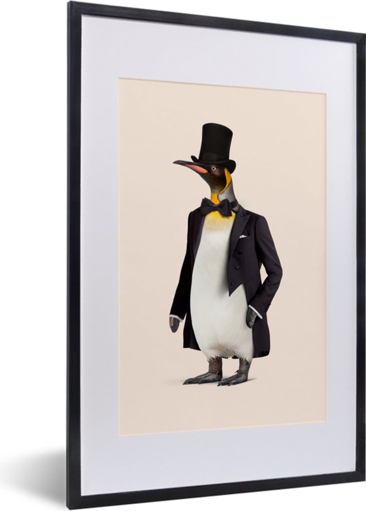 MuchoWow Gerahmtes Poster Pinguin - Tier - Hut - Schwarz 40x60 cm - Poster mit Schwarzem Bilderrahmen Wandposter Rahmen Foto Bilder - Poster in R...