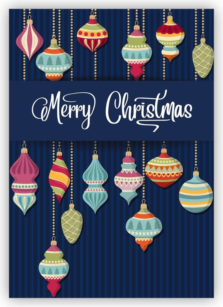 Schöne blaue Retro Weihnachtskarte mit Weihnachtskugeln: Merry Christmas