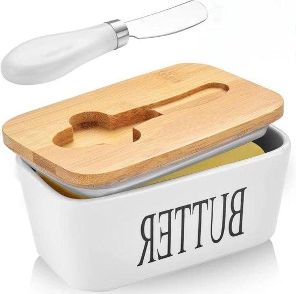 Keramische Botervloot mit Messer - 600 ml Fassungsvermögen - 165 x 10 x 78 cm - weiß - Bambusdeckel