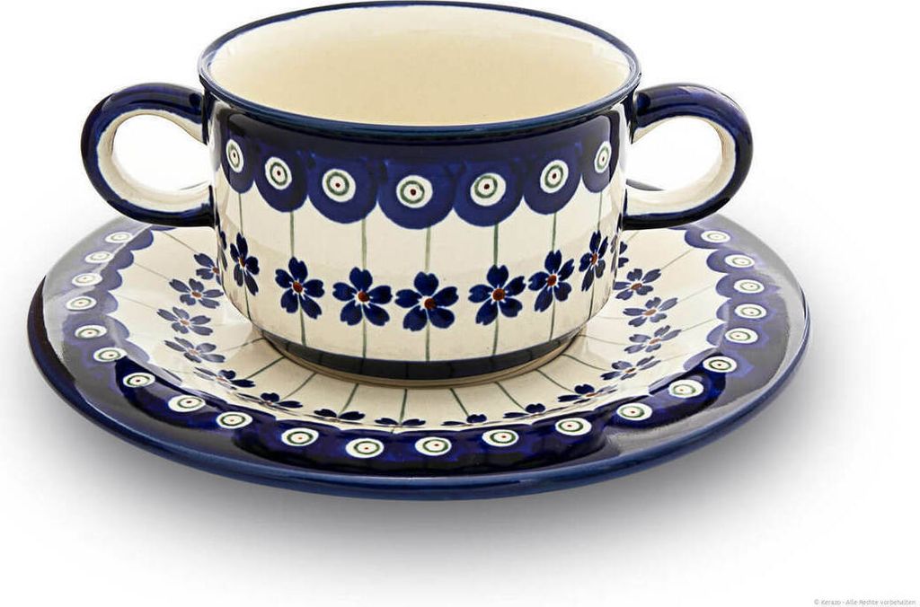 Original Bunzlauer Keramik 260 ml Suppentasse Ø10,5 mit Henkel und Untertasse Ø19,5 cm im Design 166a