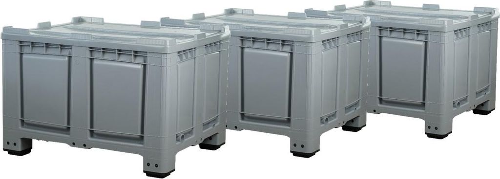 3 Stück Palettenbox mit Deckel 680l 1200x1000x790 mm Grau - 4 Füsse