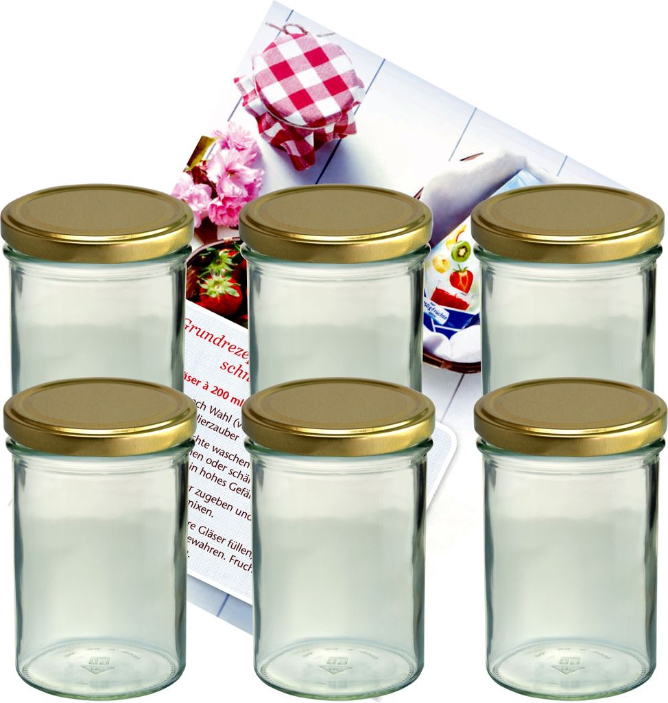 6er Set Sturzglas 435 ml Marmeladenglas Einmachglas Einweckglas To 82 goldener Deckel incl. Diamant-Zucker Gelierzauber Rezeptheft