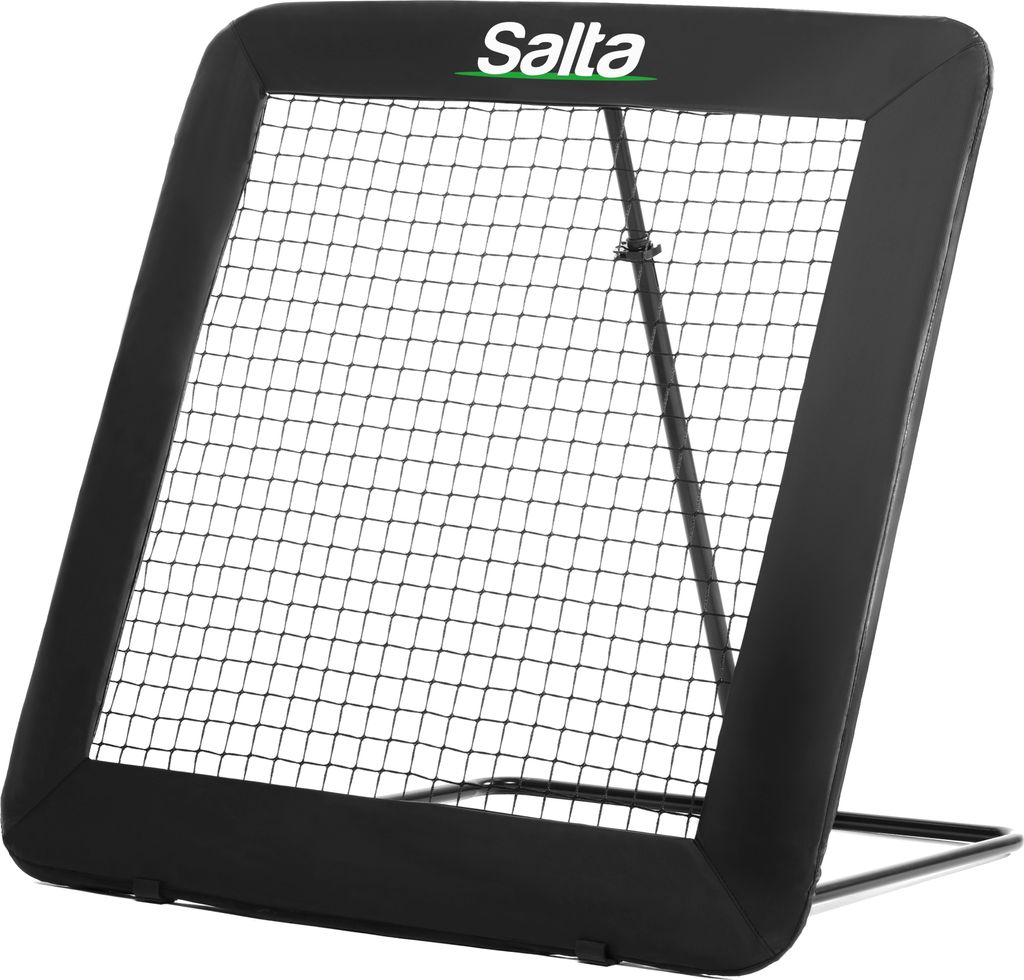 A black rebounder with a net, angled upwards and supported by a stand, on a white background.