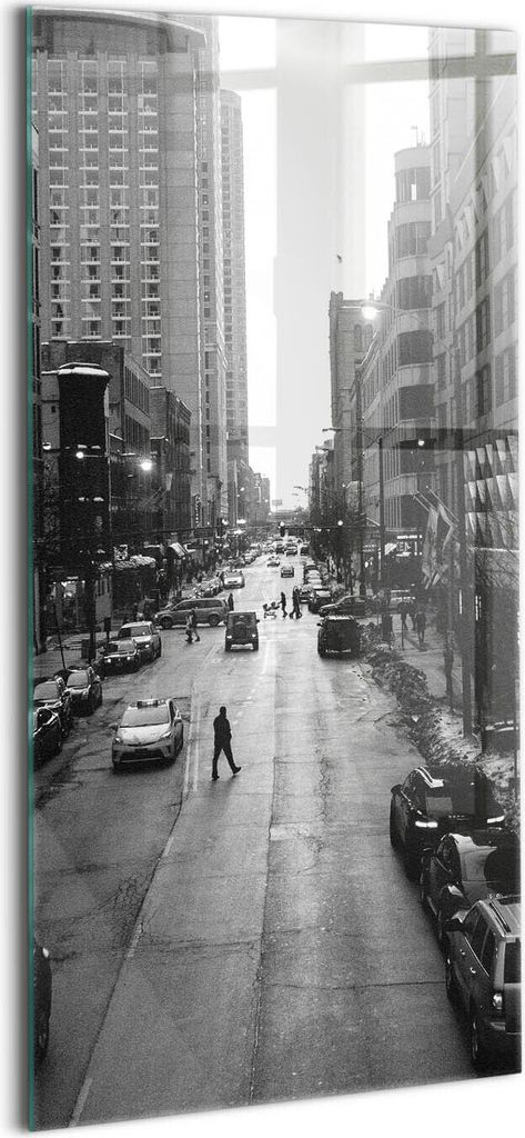 Designer Glasbild - Wandbild - Glas Bild - 70x140 cm - Schwarz-Weiße Straßen Von Chicago