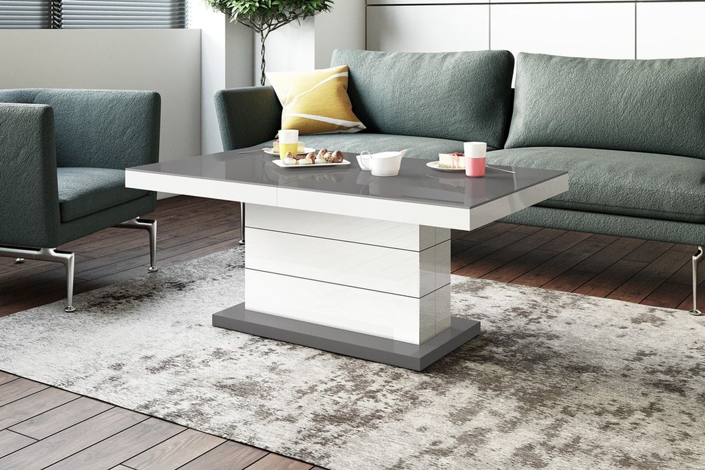 Design Couchtisch Tisch Matera Lux H-333 Grau / Weiß Hochglanz höhenverstellbar ausziehbar Esstisch